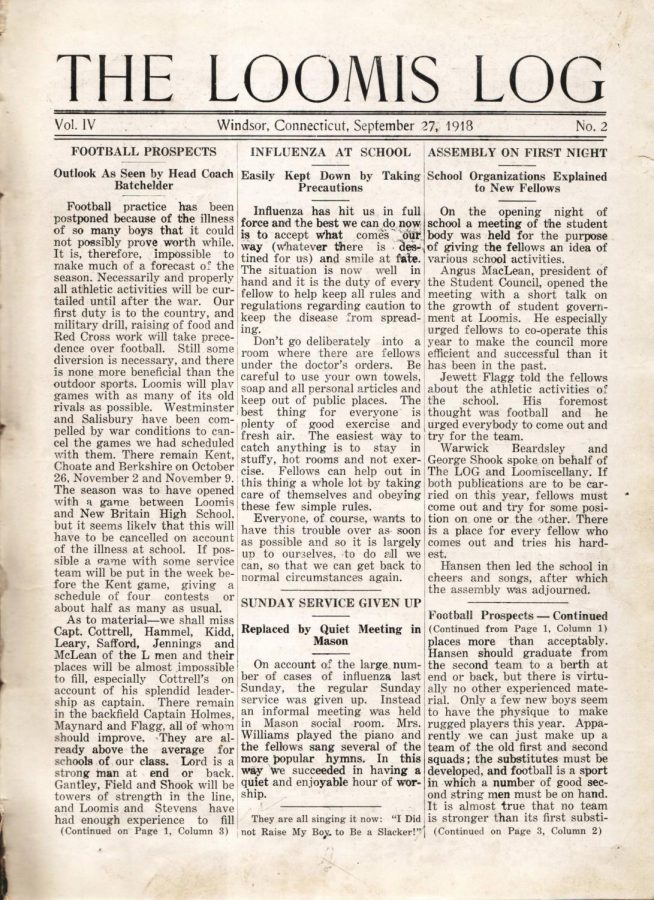 The Loomis Chaffee Log published an article during the 1918 Spanish  flu pandemic.